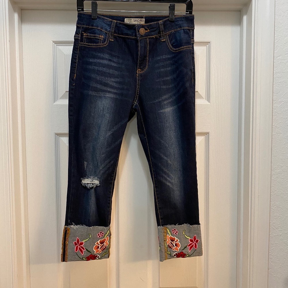 Sanders Dark Blue Skinny Jeans with Embroidered Cuffs